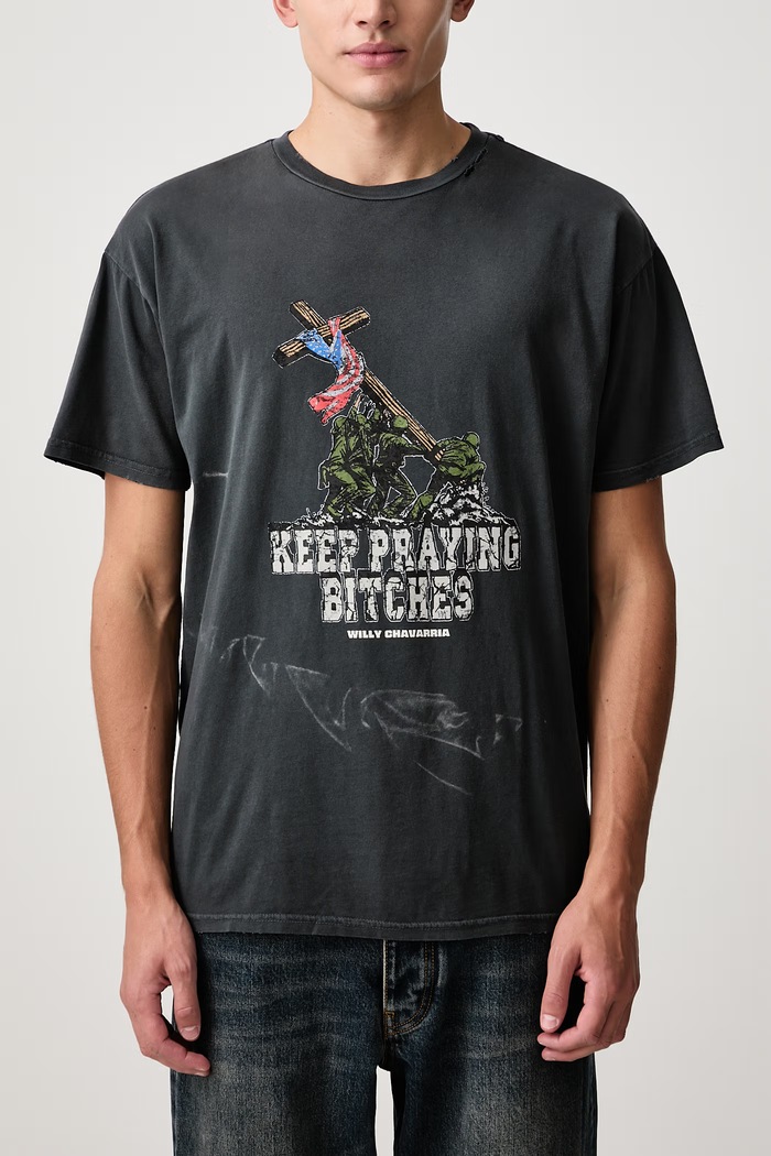 KEEP PRAYING BITCHES EASY tricou oversized din bumbac pentru bărbați Willy Chavarria negru MUJTE018.062N