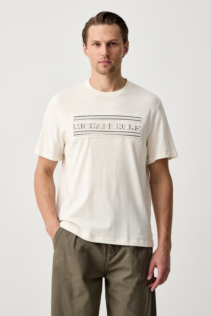 Michael Kors T-shirt męski bawełniany beżowy CF6535XFV4