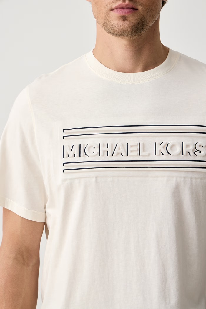 T-shirt męski bawełniany Michael Kors CF6535XFV4 beżowy