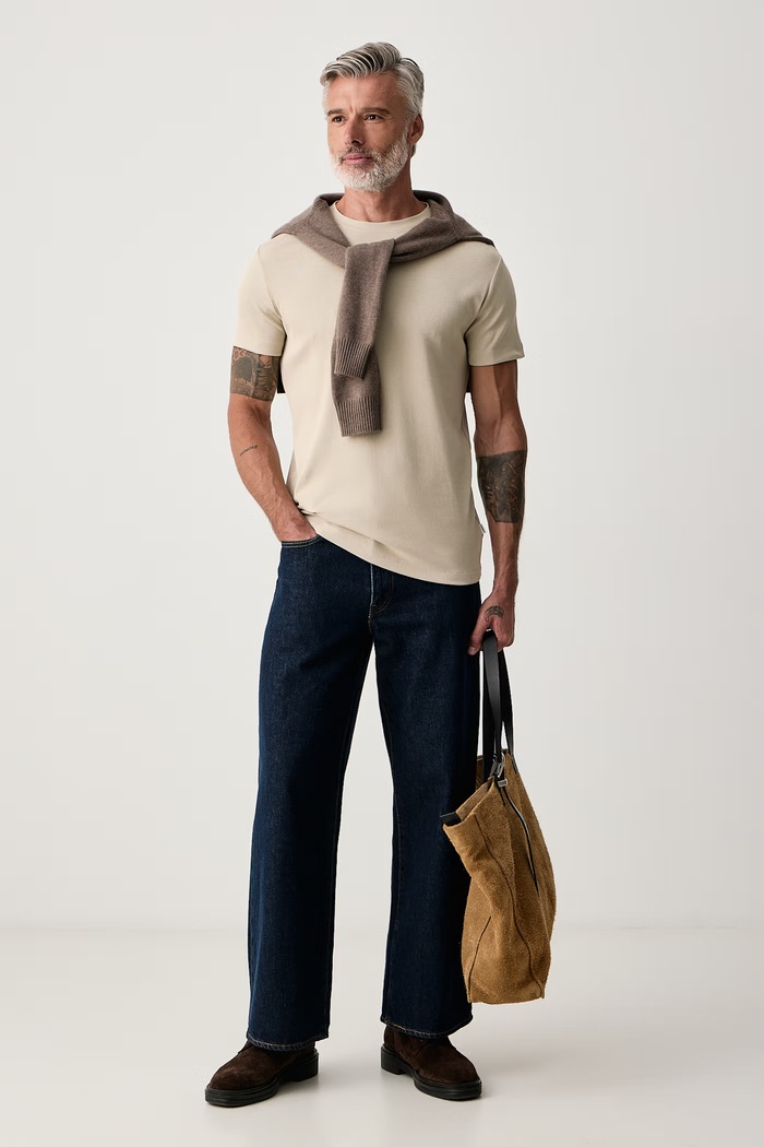 Lindbergh T-shirt basic męski bawełniany z elastanem 30.400142A beżowy AW26