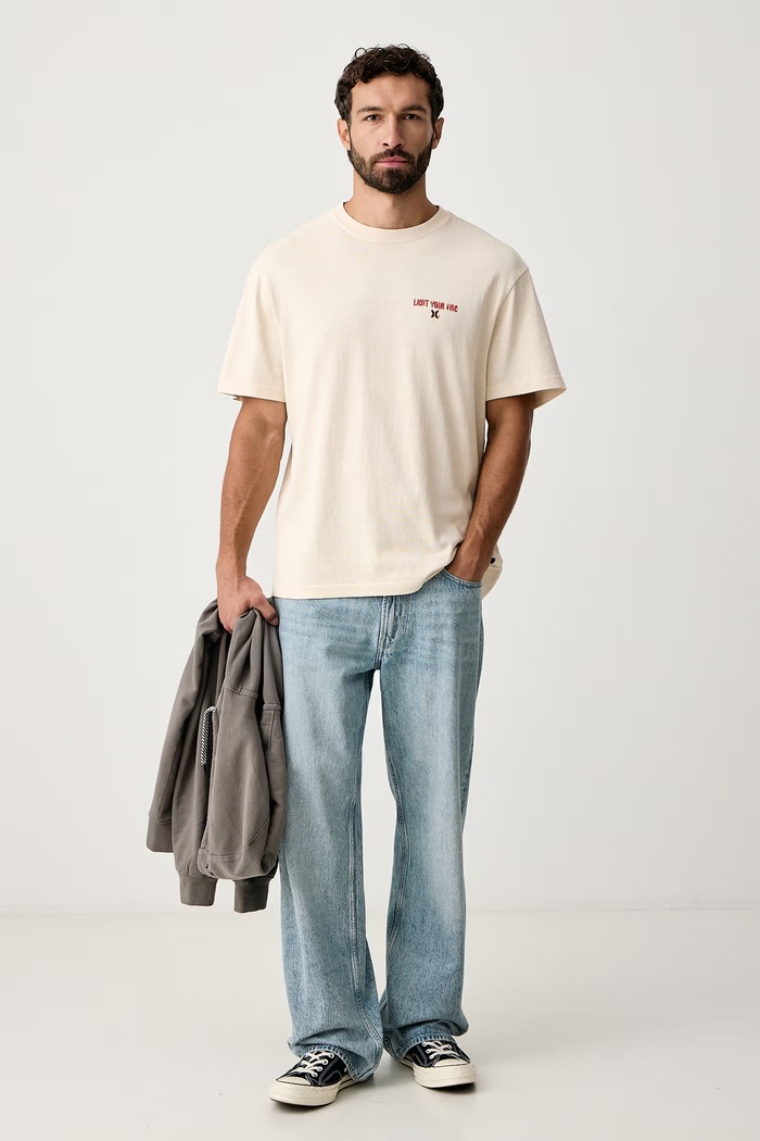 Hurley T-shirt męski bawełniany Built Fire Peace MTSEUBL0001 beżowy AW26