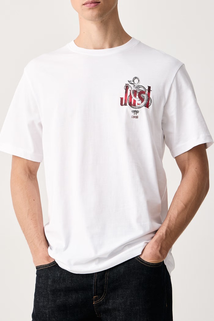 Odzież Just Cavalli T-shirt męski bawełniany 81OAHT06.CJ500 biały