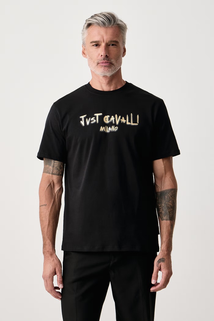 Just Cavalli T-shirt męski bawełniany czarny 81OAHF02.CJ800