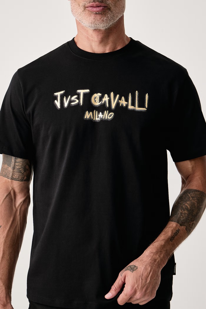 T-shirt męski bawełniany Just Cavalli 81OAHF02.CJ800 czarny