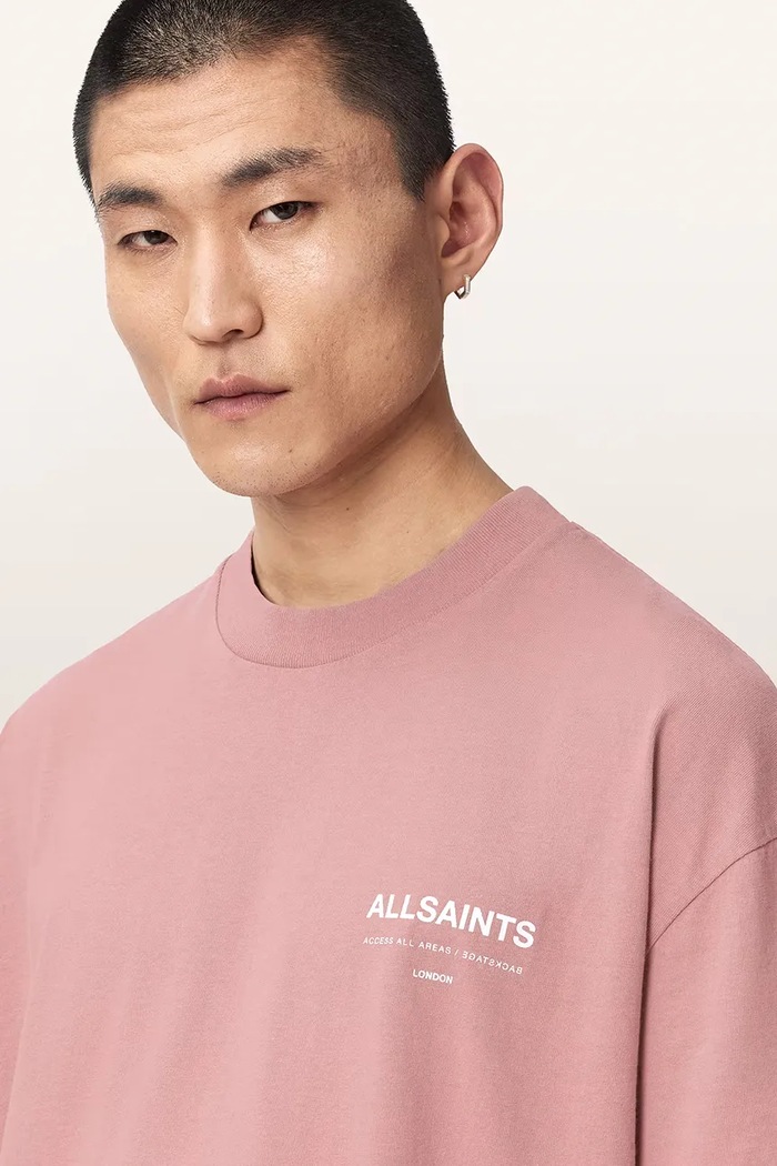 AllSaints T-shirt oversize męski bawełniany BACKSTAGE SS CREW różowy M033PF