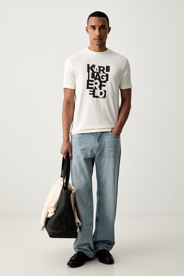 Karl Lagerfeld T-shirt męski bawełniany z elastanem 564235.755042 beżowy AW26