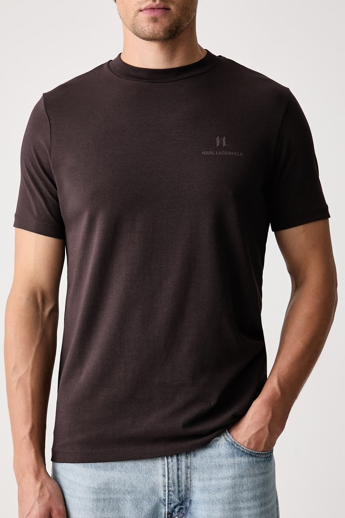 Ρούχα Karl Lagerfeld T-shirt ανδρικό βαμβακερό με ελαστάν 564235.755043 καφέ