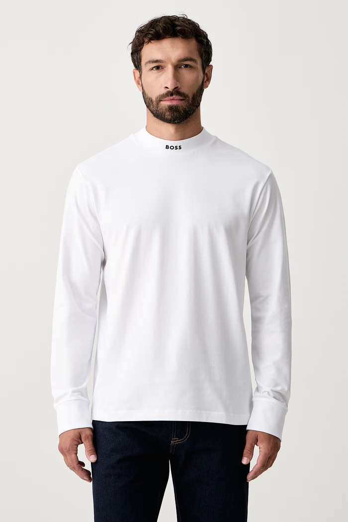 BOSS Green Лонгслив мужской из хлопка с эластаном Tee Collar Long белый 50576916