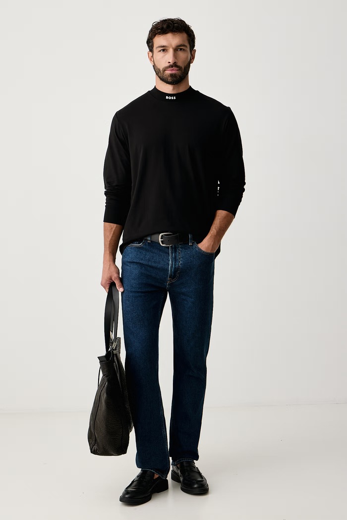 BOSS Green Лонгслив для мужчин из хлопка с эластаном Tee Collar Long 50576916 чёрный AW26
