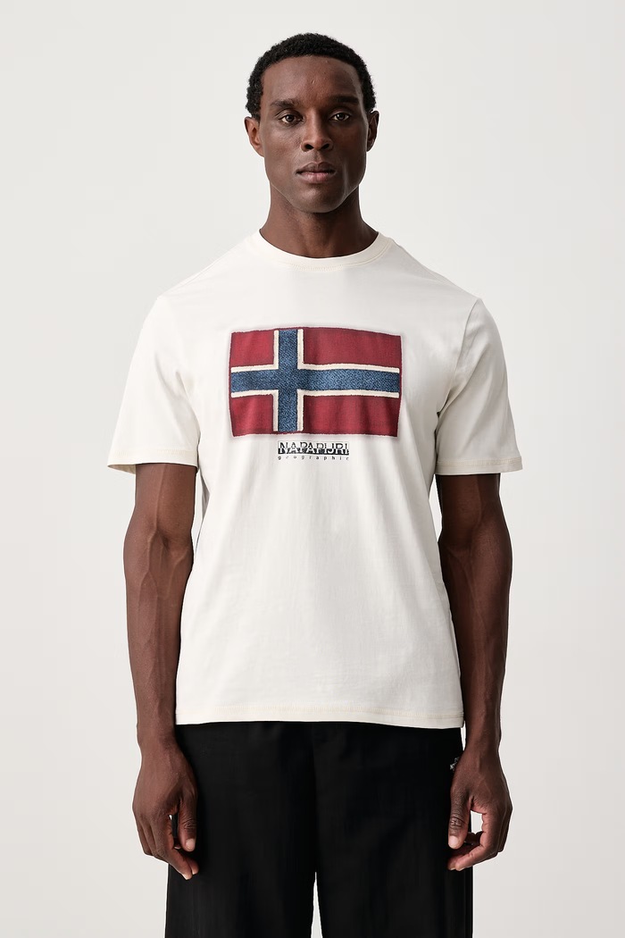 Napapijri T-shirt męski bawełniany Flag beżowy NP0A8A6IN1A1