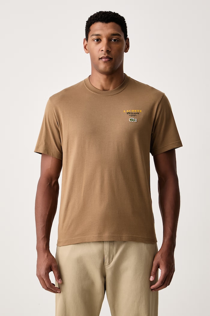 Odzież Lacoste T-shirt męski bawełniany TH2430 beżowy