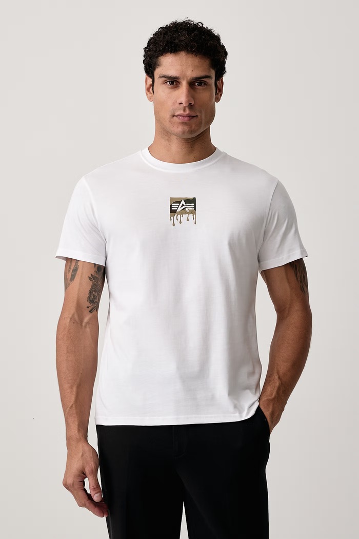 Ρούχα Alpha Industries T-shirt ανδρικό βαμβακερό Dripping Camo Backprint 268516 λευκό