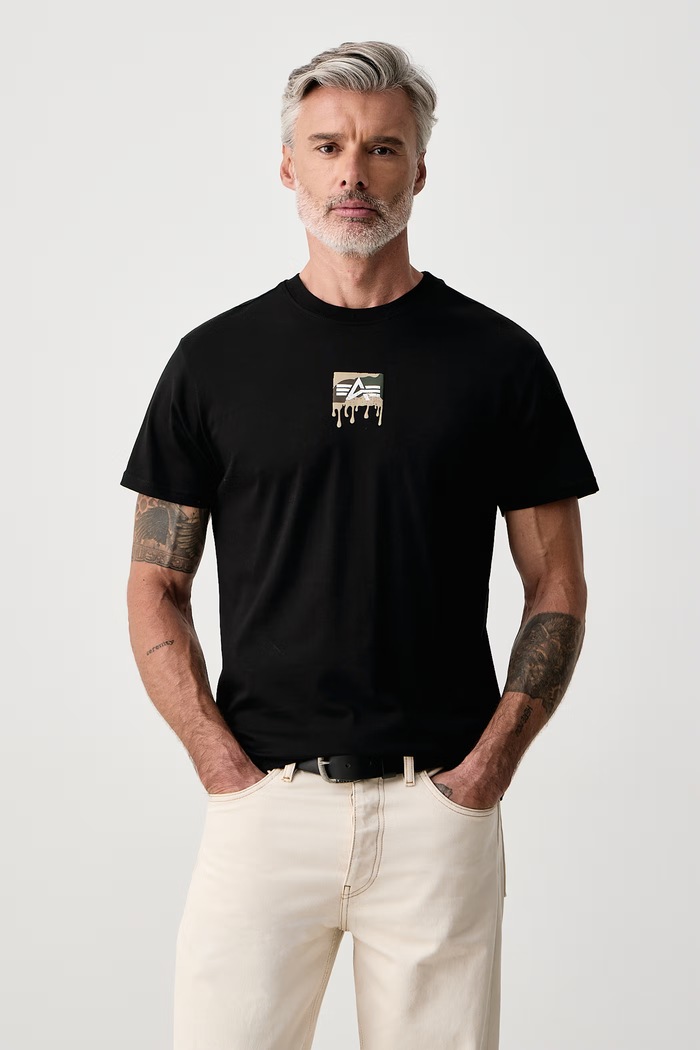 Odzież Alpha Industries T-shirt męski bawełniany Dripping Camo Backprint 268516 czarny