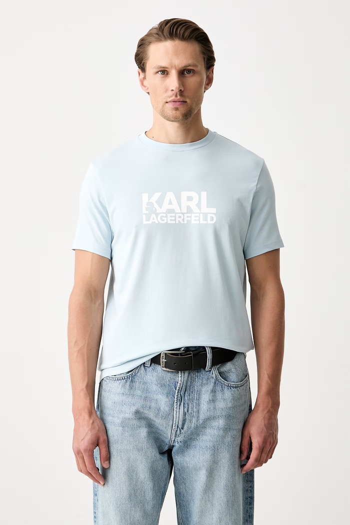 Karl Lagerfeld T-shirt męski bawełniany z elastanem niebieski 563235.755780