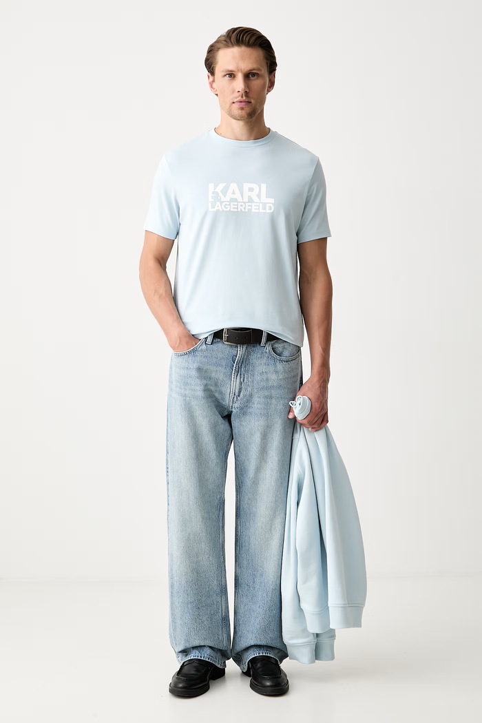 Karl Lagerfeld T-shirt męski bawełniany z elastanem 563235.755780 niebieski AW26
