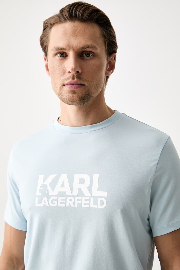 Karl Lagerfeld T-shirt męski bawełniany z elastanem niebieski 563235.755780