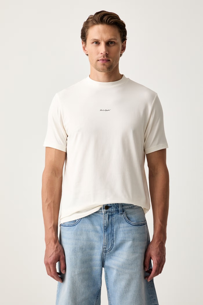 Karl Lagerfeld T-shirt męski bawełniany z elastanem beżowy 563221.755037