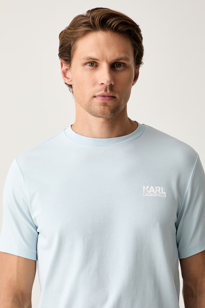 Karl Lagerfeld T-shirt męski bawełniany z elastanem niebieski 563235.755781