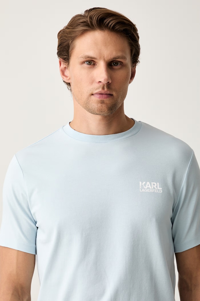 Karl Lagerfeld T-shirt męski bawełniany z elastanem niebieski 563235.755781