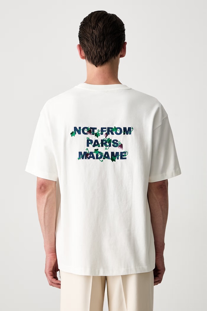 Drôle de Monsieur T-shirt męski bawełniany Vine Embroidered Slogan beżowy L.TS327.CO248