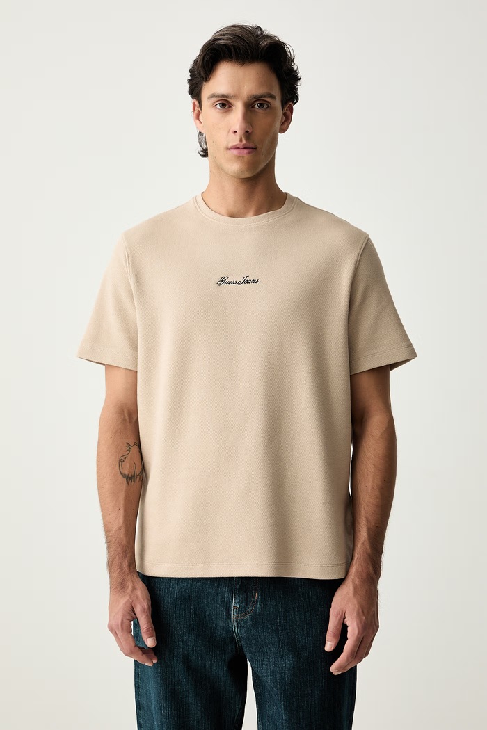 Guess Jeans T-shirt męski z bawełną beżowy M6YP09.K4177