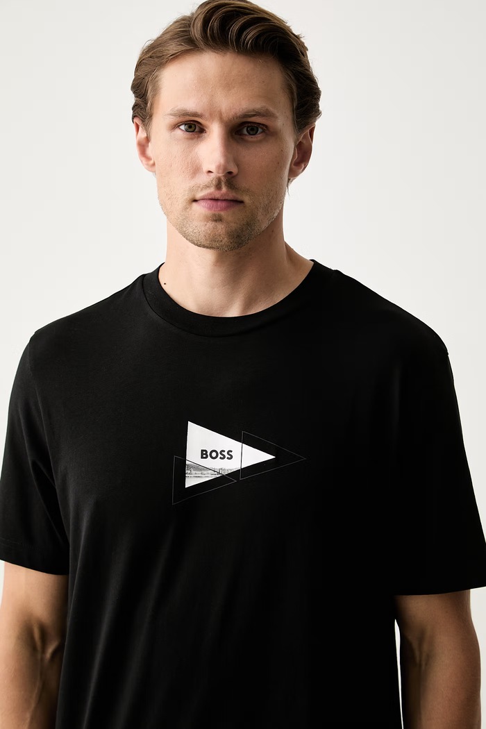 BOSS Green t-shirt ανδρικό βαμβακερό με ελαστάν TS_Network Photo μαύρο 50564740