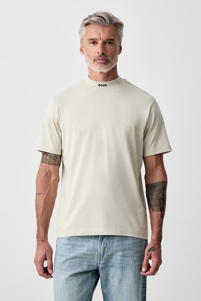 BOSS Green T-shirt męski bawełniany z elastanem Tee Collar beżowy 50562120