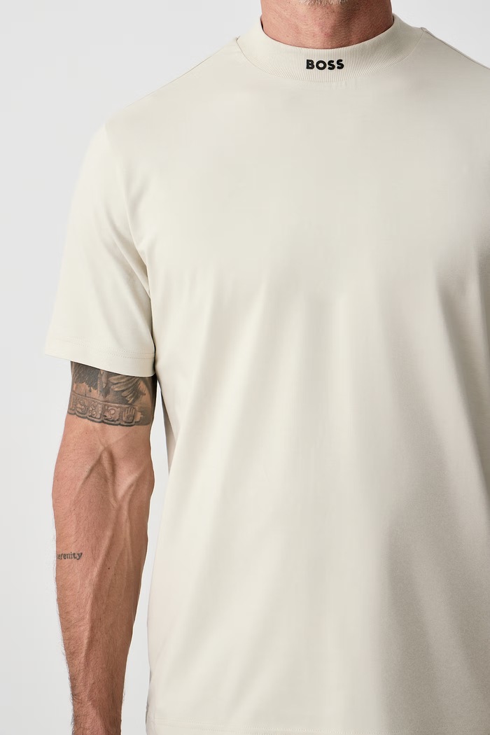 Odzież BOSS Green T-shirt męski bawełniany z elastanem Tee Collar 50562120 beżowy
