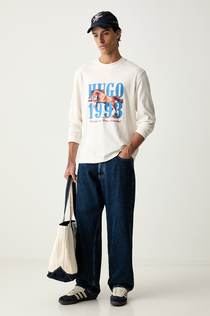 HUGO Blue longsleeve męski bawełniany Nevalon 50566045 beżowy AW26