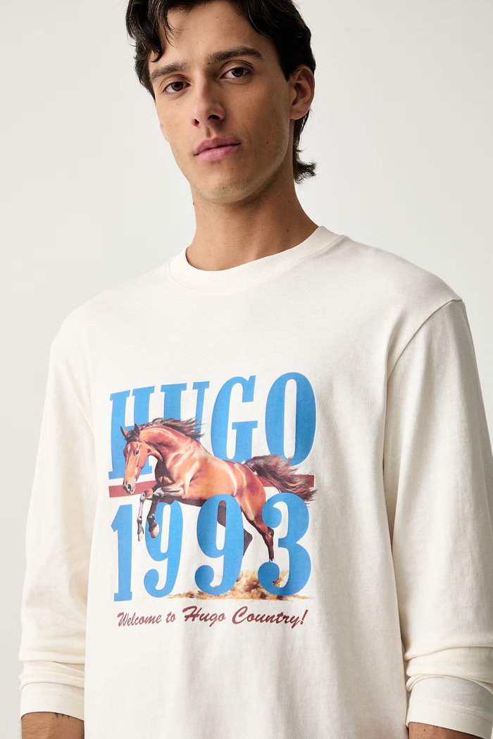 HUGO Blue longsleeve męski bawełniany Nevalon beżowy 50566045