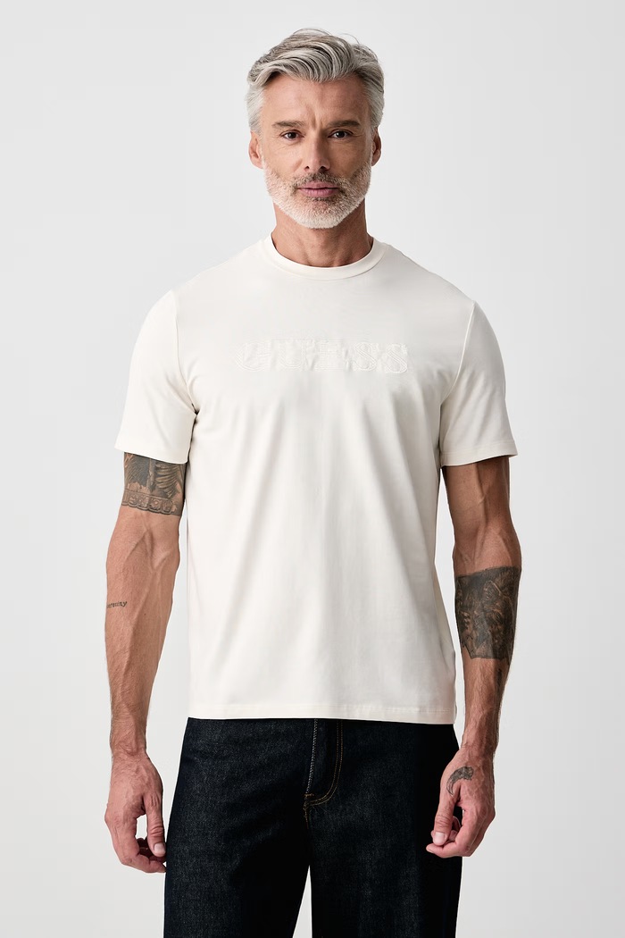 Guess T-shirt męski bawełniany z elastanem PRAT beżowy Z6YI17.K4968