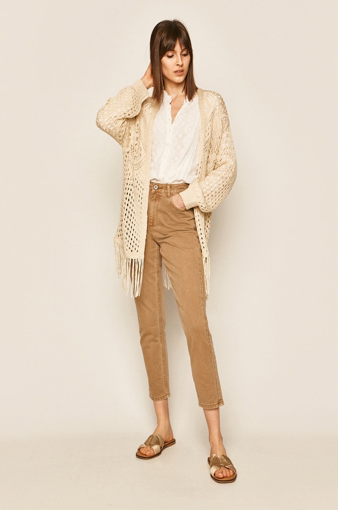Sweter damski z frędzlami kremowy RS20.SWD600 beżowy RS20