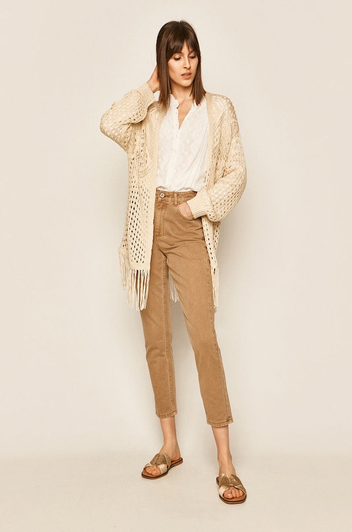 Sweter damski z frędzlami kremowy RS20.SWD600 beżowy RS20