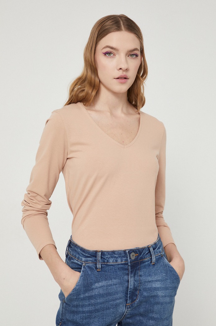 Longsleeve bawełniany damski gładki z domieszką elastanu beżowy z elastanem beżowy RS22-BUD022