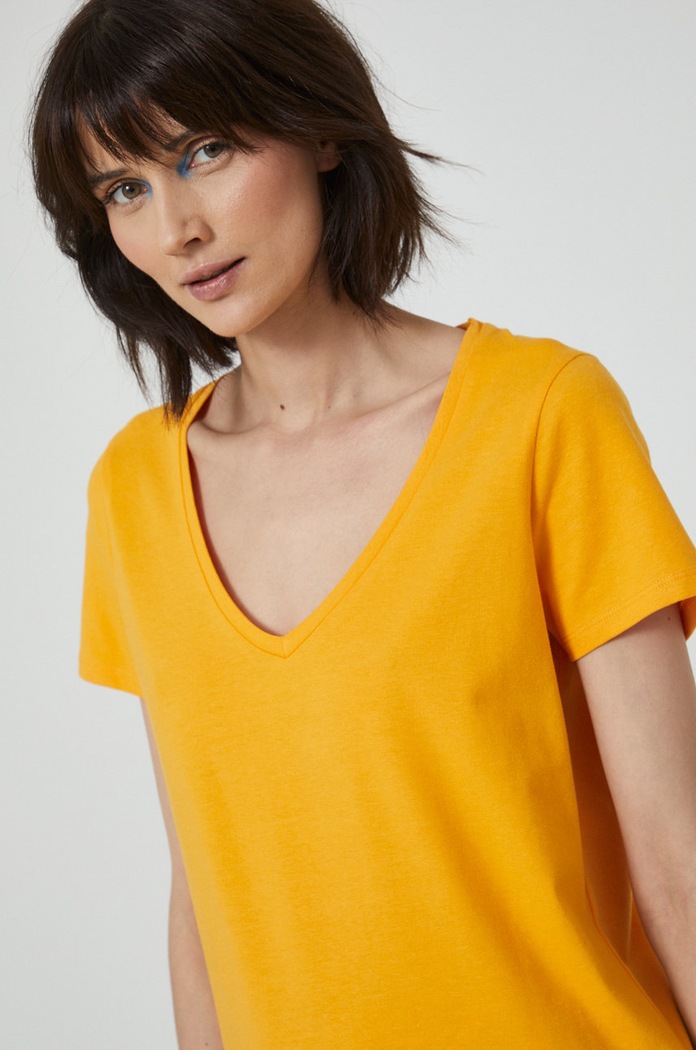 T-shirt bawełniany damski gładki z domieszką elastanu pomarańczowy z elastanem pomarańczowy RS22.TSD0C3