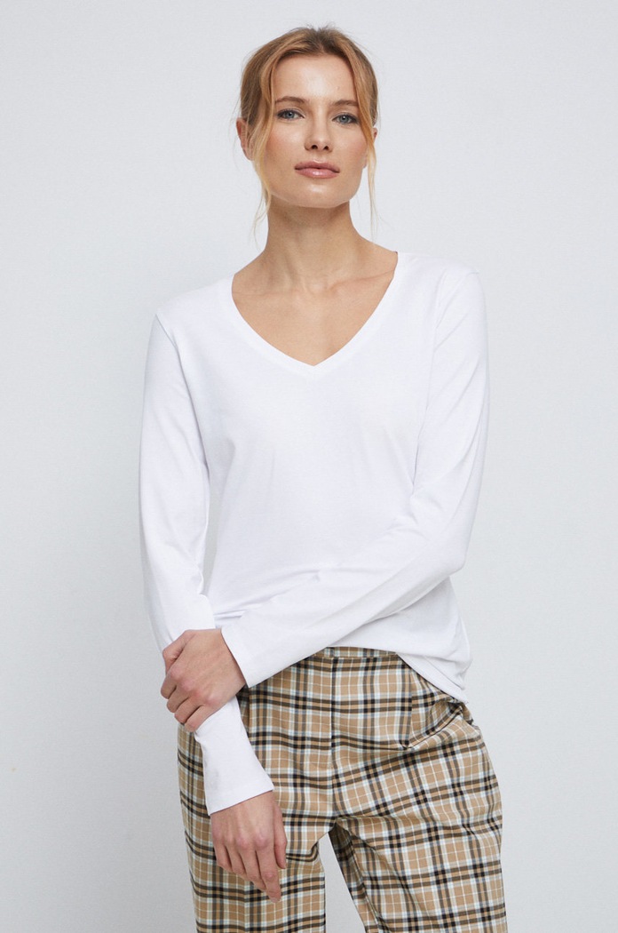 Longsleeve bawełniany damski gładki z domieszką elastanu kolor biały RS23.BUD011 biały RS23