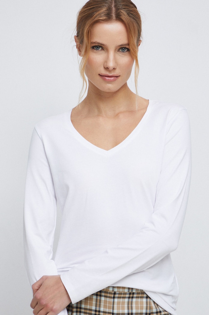 Longsleeve bawełniany damski gładki z domieszką elastanu kolor biały biały RS23.BUD011