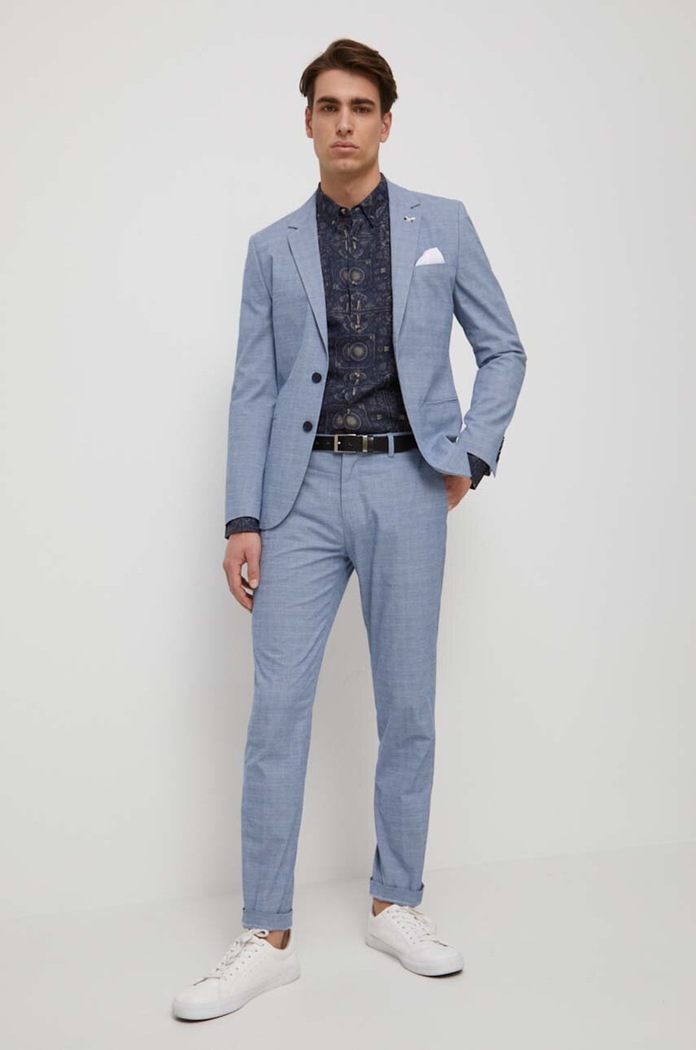 Odzież Koszula lniana męska z kołnierzykiem button-down kolor granatowy RS23.KDM801 granatowy