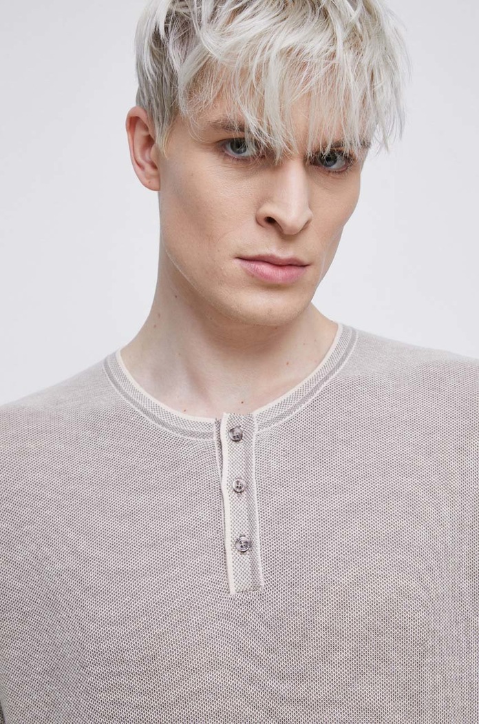 Sweter bawełniany męski z fakturą kolor beżowy beżowy RS23.SWM013