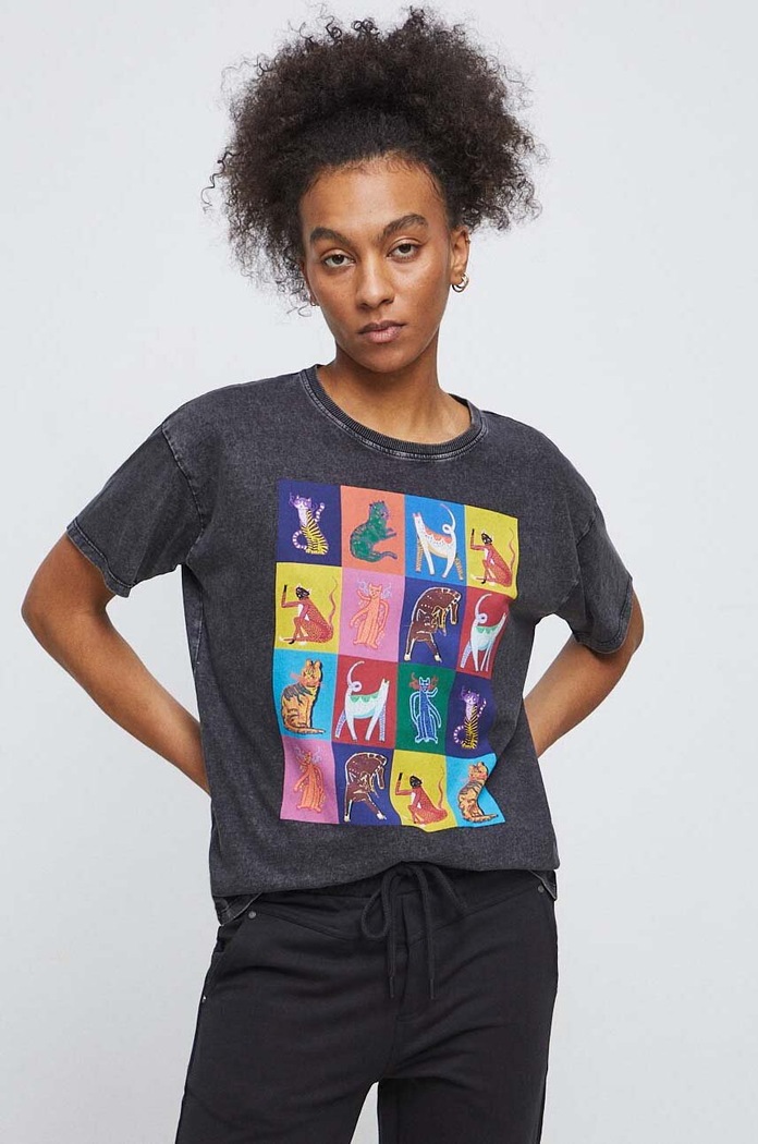 T-shirt bawełniany z kolekcji Koty kolor szary okrągły szary RS23.TSD356