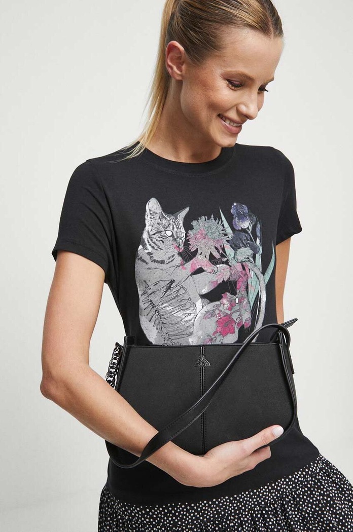 T-shirt bawełniany damski z nadrukiem z domieszką elastanu kolor czarny okrągły czarny RS23-TSD865