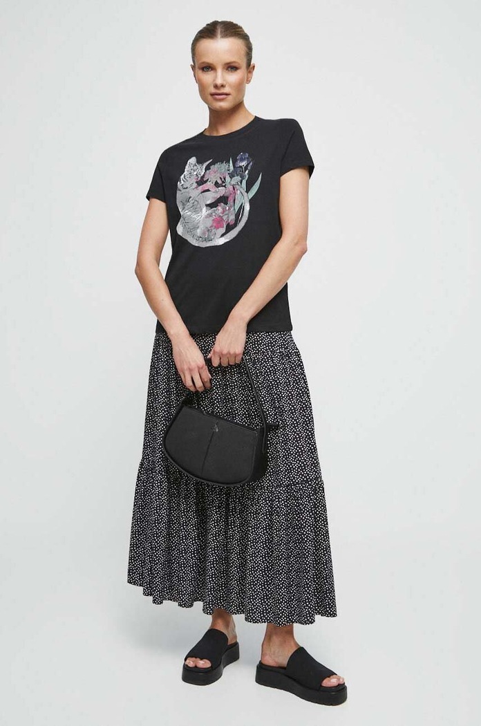 T-shirt bawełniany damski z nadrukiem z domieszką elastanu kolor czarny RS23-TSD865 czarny RS23