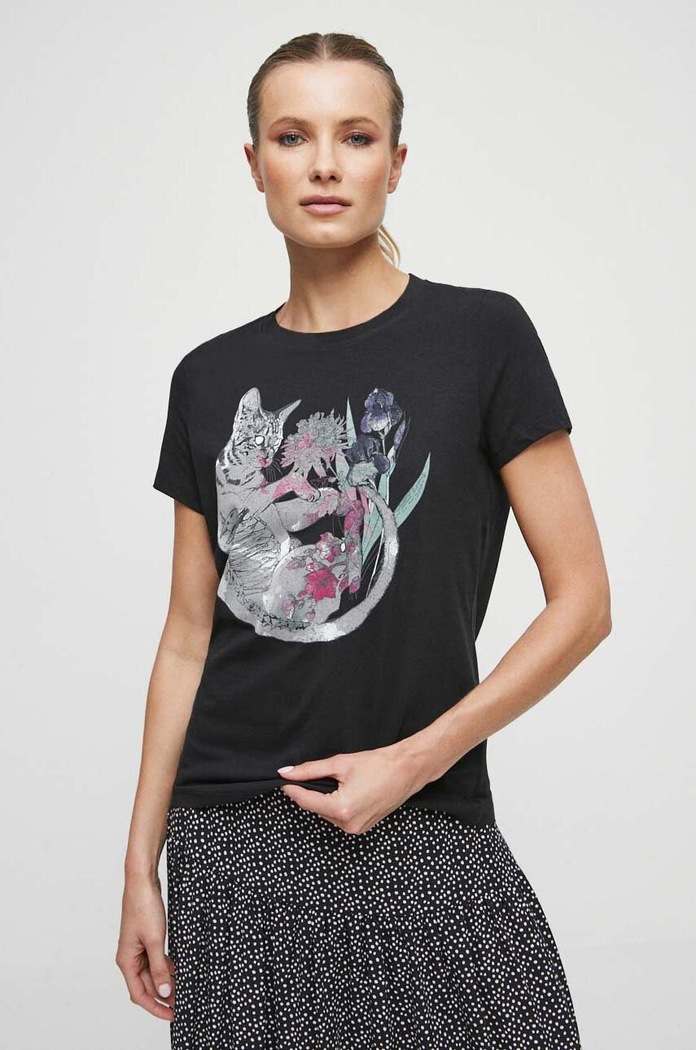 T-shirt bawełniany damski z nadrukiem z domieszką elastanu kolor czarny czarny RS23-TSD865