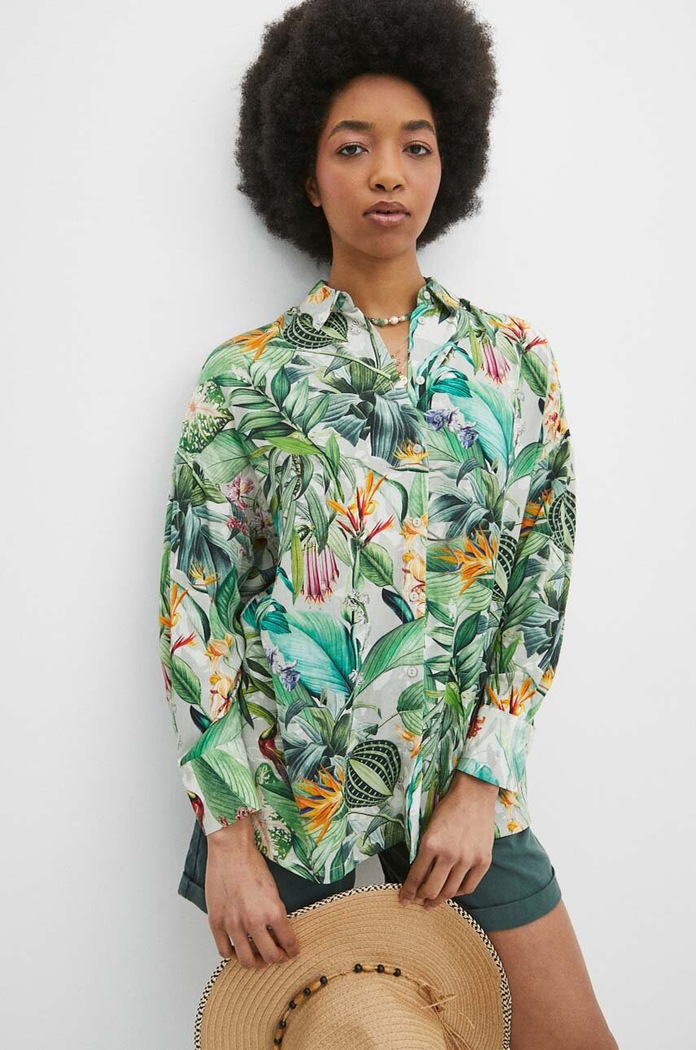Košeľa dámska oversize s prímesou viskózu so vzorom viac farieb casual viacfarebná RS24-KDD701