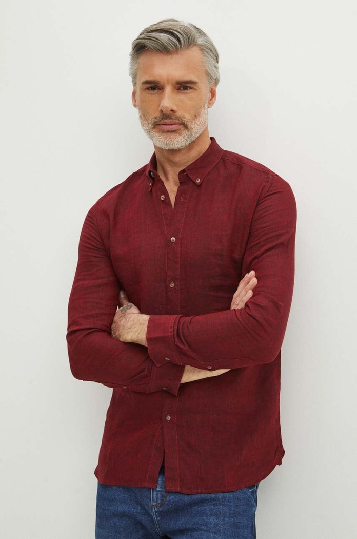 Koszula lniana męska z kołnierzykiem button-down kolor bordowy casual bordowy RS24-KDM071
