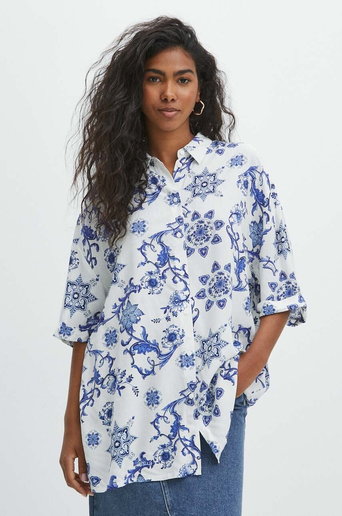Koszula damska oversize wzorzysta kolor beżowy casual beżowy RS24-KKD803