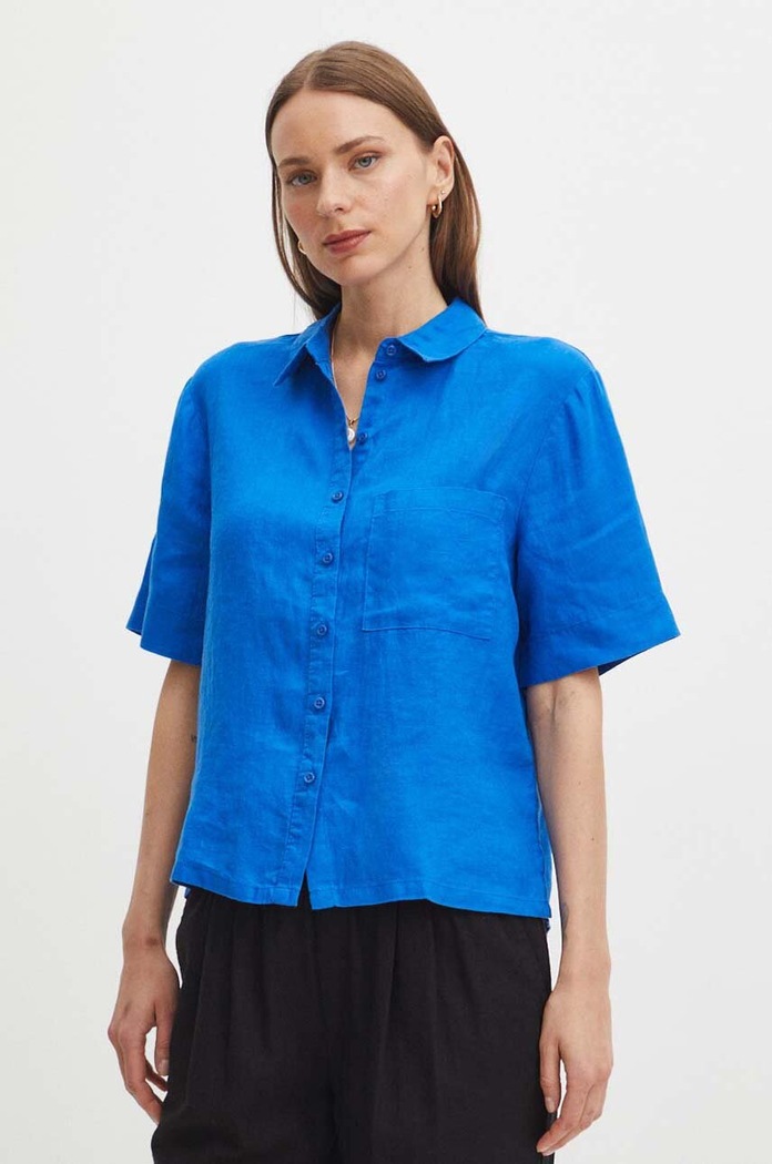 Ľanová košeľa dámska oversize hladká modrá farba casual modrá RS24-KKD902