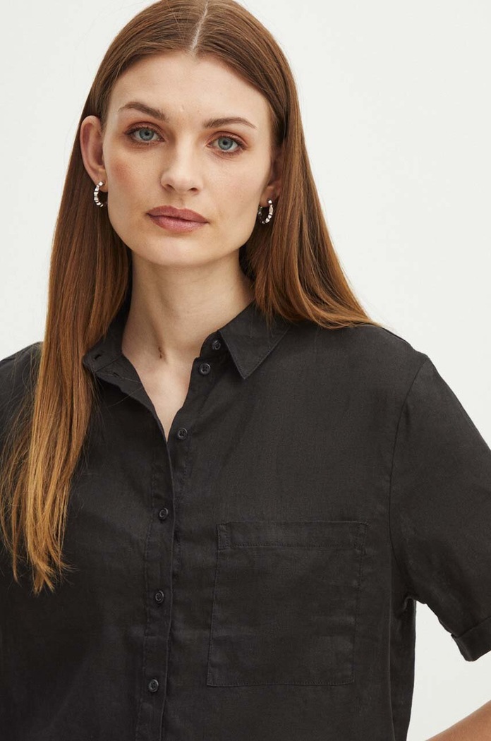 Koszula lniana damska gładka kolor czarny casual czarny RS24-KKD902