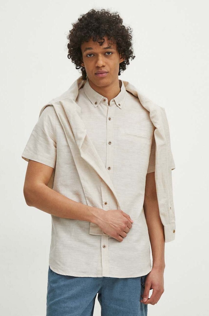 Lněná košile pánská s límcem button down béžová barva béžová RS24-KKM070