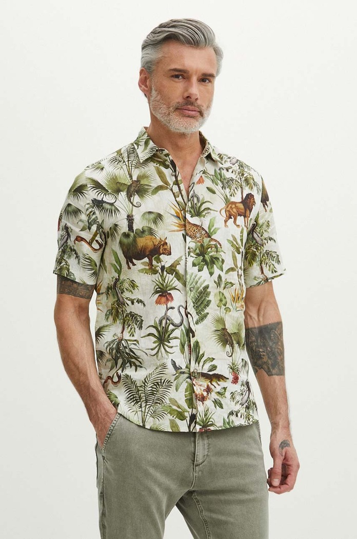 Koszula lniana męska z kołnierzykiem klasycznym wzorzysta kolor multicolor casual multicolor RS24.KKM703